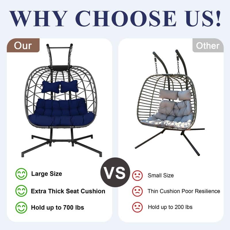 Oversized Outdoor Double Hanging Egg Chair with Cushions, 700 lbs Capacity Swing Chair for Indoor or Patio