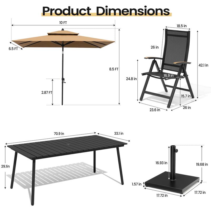 9PC Outdoor Patio Dining Set Wood-Like Aluminum Umbrella Hole Table with Folding Chairs,Double Top Market Umbrella and Base