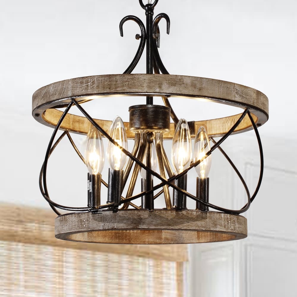 Cusp Barn 15.7 Inch Farmhouse Drum Wood Chandelier, 5-Light Rustic Over Table Chandelier Light Fixtures for Kitchen Island Foyer