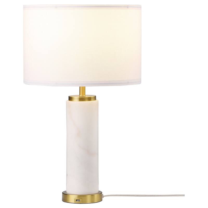 25 Inch Table Lamp, White Fabric Drum Shade, Modern Gold Metal Round Base