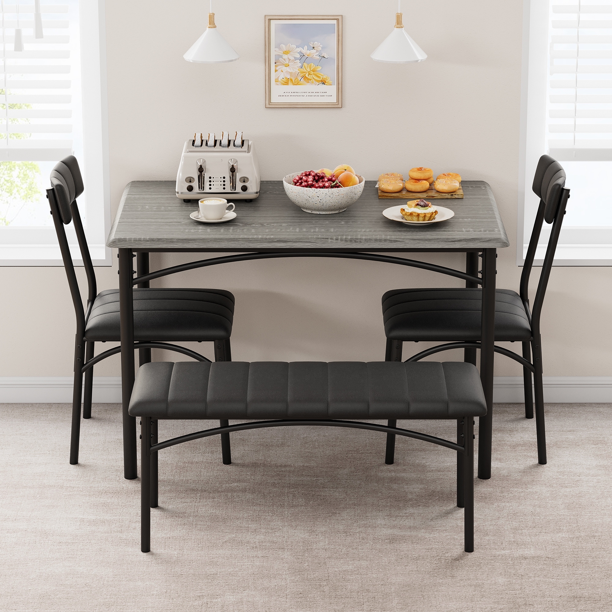 Dining Table Set for 4, Kitchen Table with Upholstered Chairs and Bench, 4-Person Dining Room Table Set, Rectangular Table Set