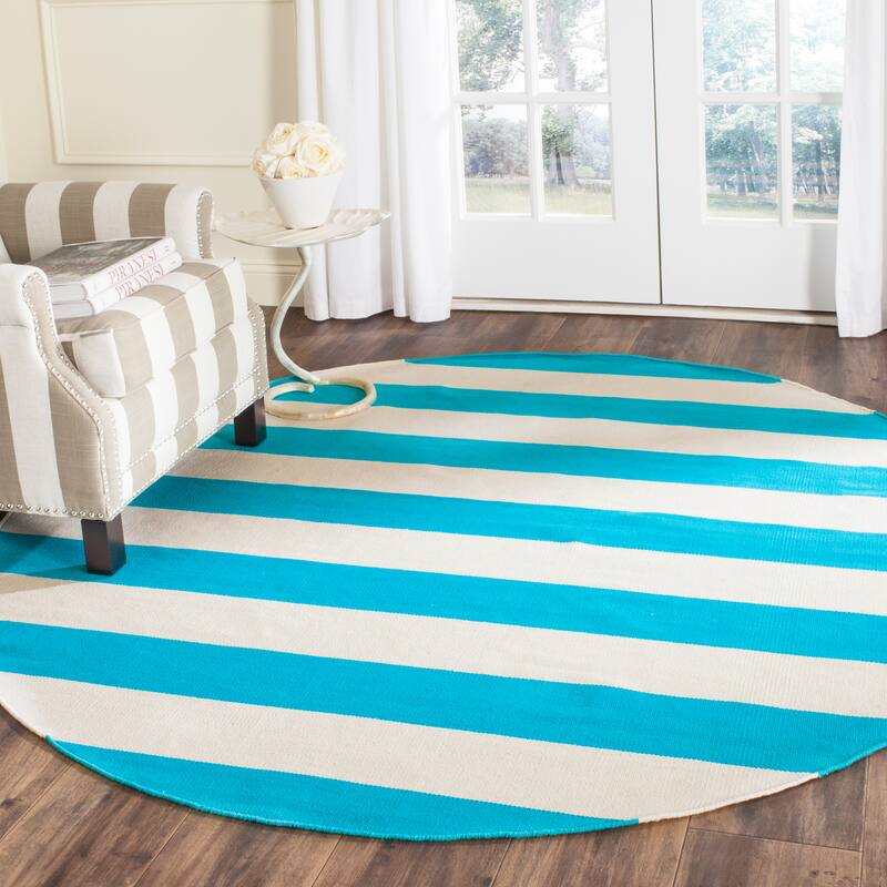 SAFAVIEH Handmade Montauk Caspian Stripe Cotton Flatweave Rug - 6' x 6' Round - Turquoise/Ivory
