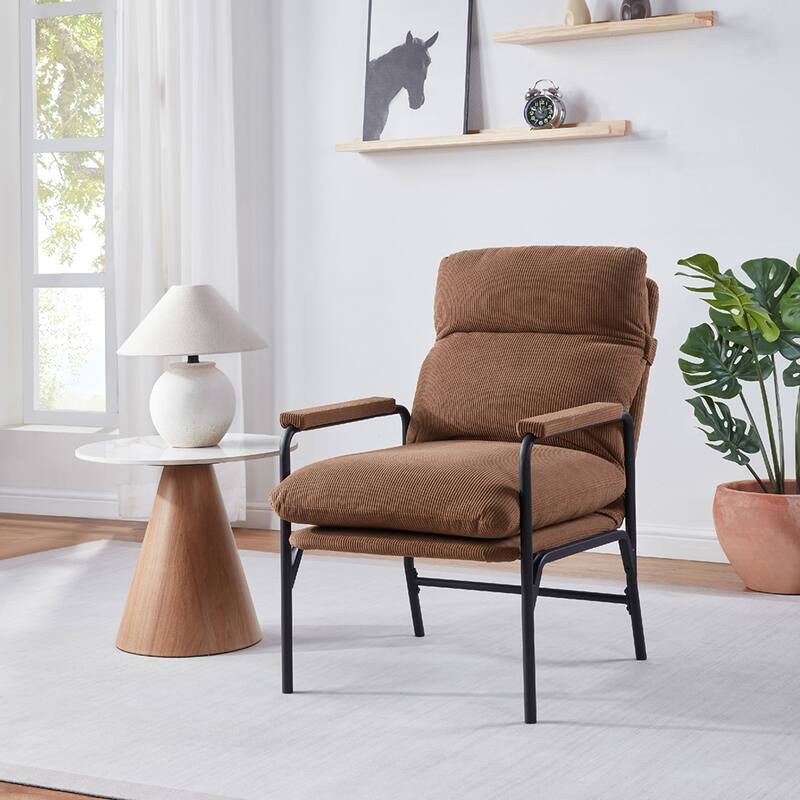 Modern Accent Chair with Removable Cushion, Wood Armrests, Living Room - Brown