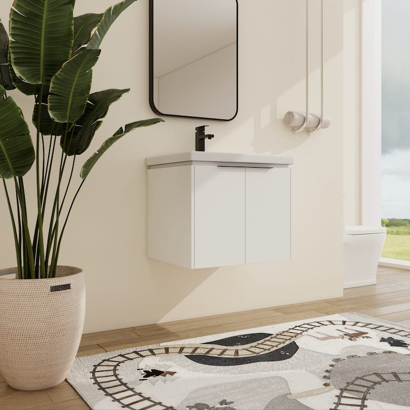 Malwee 24"/36"/48"/60" Floating Bathroom Vanity, Wall Mounted Bathroom Vanity with Ceramic Sink,Soft Close Door and Shelf