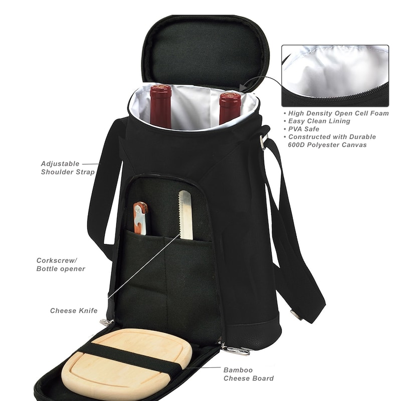 NCAA Purdue Boilermakers Stylish 2 Bottle Insulated Wine Tote Bag with Cheese Board, Knife and Corkscrew