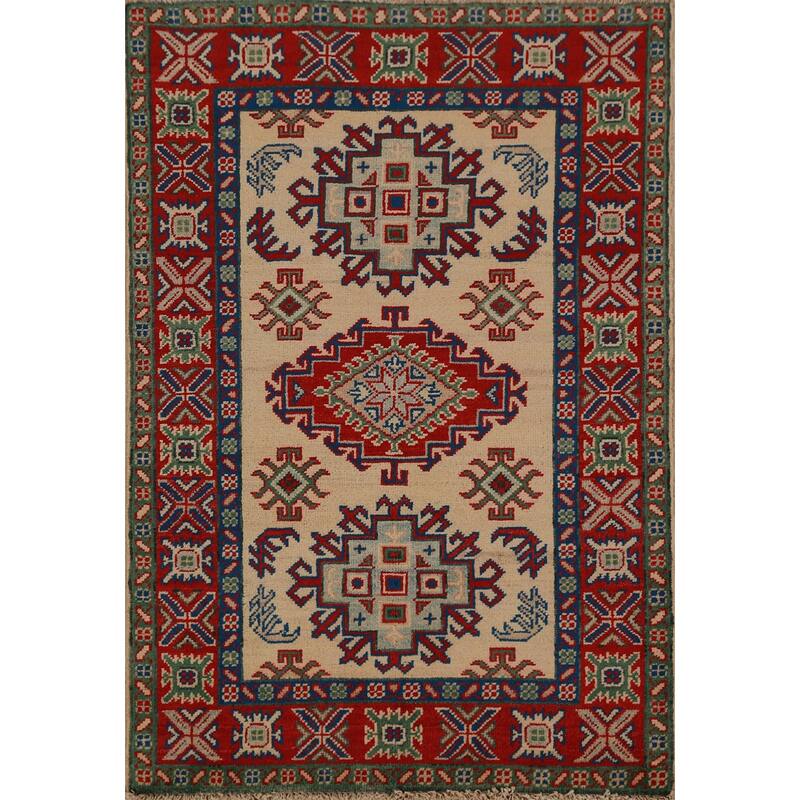 Traditional Kazak Foyer Rug Hand-Knotted Beige Wool Carpet - 2'8"x 4'0"