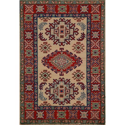 Traditional Kazak Foyer Rug Hand-Knotted Beige Wool Carpet - 2'8"x 4'0"