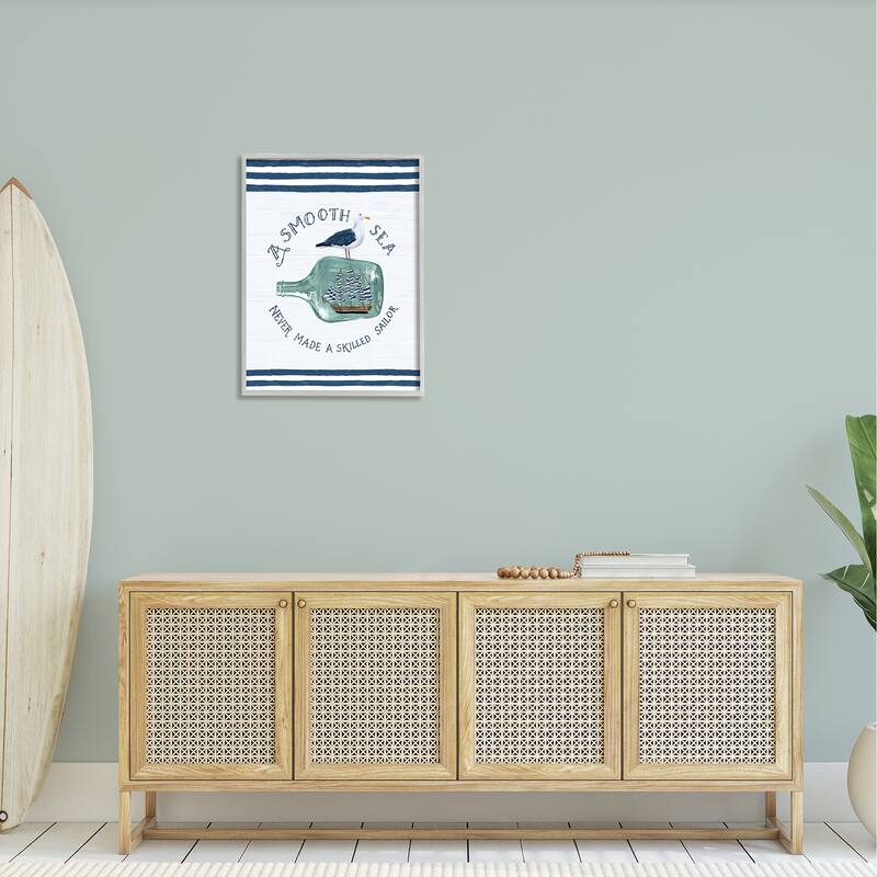 Stupell Ship In Bottle Seagull Striped Nautical Phrase Framed Wall Art, Design by Raquel Maciel - Blue