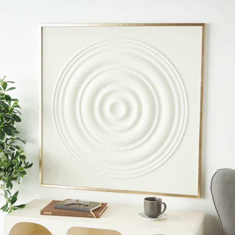 Metal Geometric Ribbed Home Wall Decor with Brass Frame - White - Roche River Decor