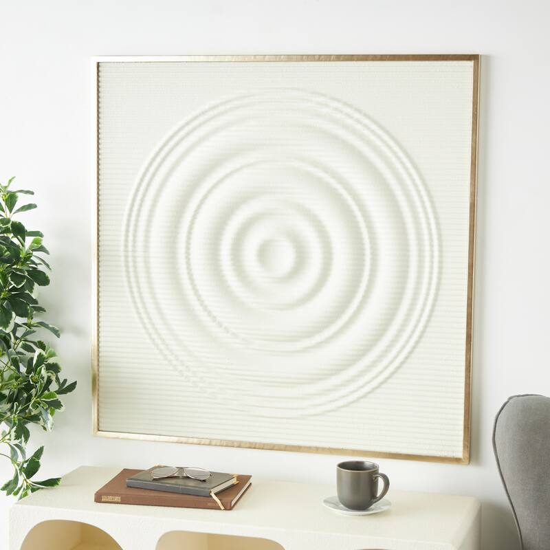 White Metal Ribbed Geometric Home Wall Decor with Brass Frame - White