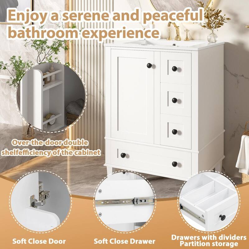 24" Bathroom Vanity with Ceramic Sink, Soft-Close Drawers, Soft-Close Door & Door-Mounted Shelf