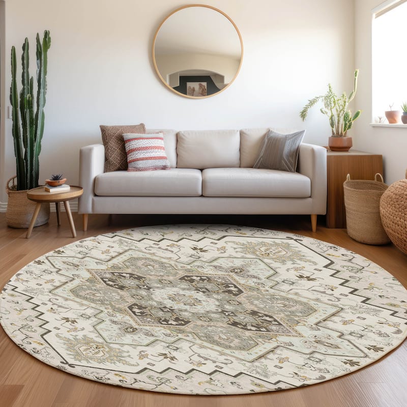 Machine Washable Indoor/ Outdoor Persian Traditional Chantille Rug - Ivory - 8' x 8'