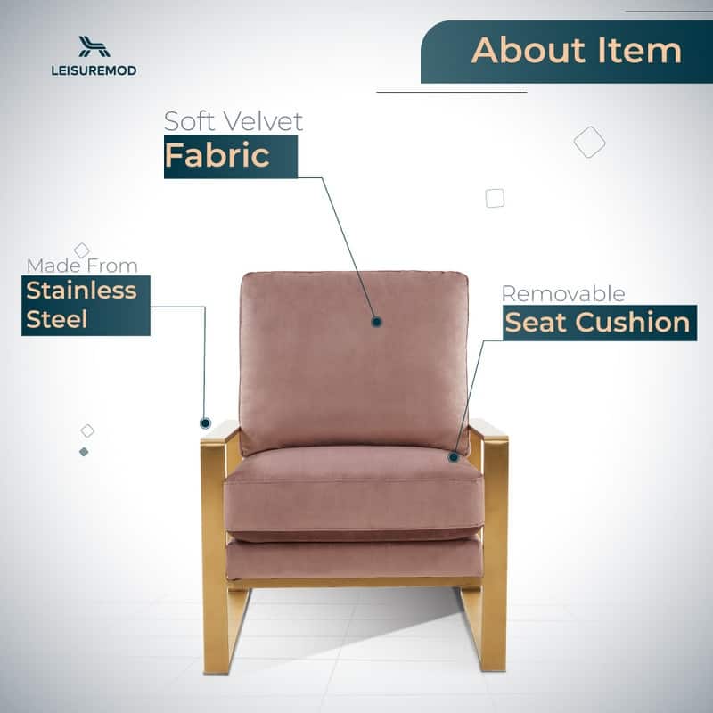 Jefferson Modern Velvet Accent Chair with Brushed Gold Frame, Removable Cushions, and Floor Protectors for Living Room or Office