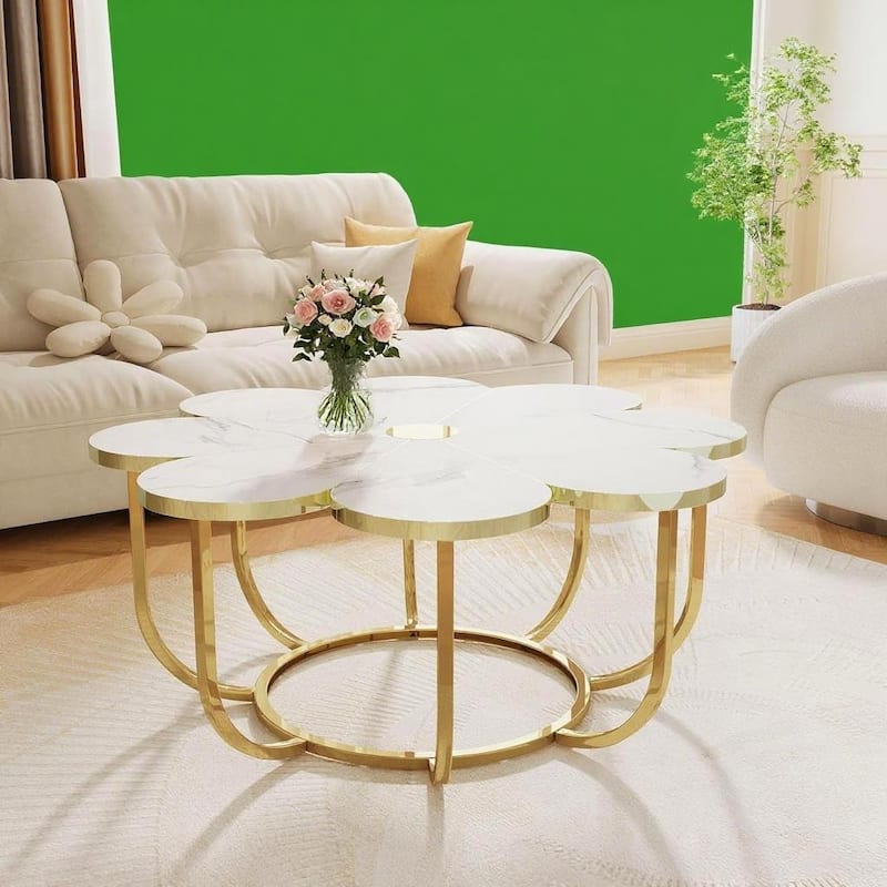 Beige and Gold Floral Coffee Table with Marble Pattern Scratch Resistant Top and Gold Coated Metal Frame