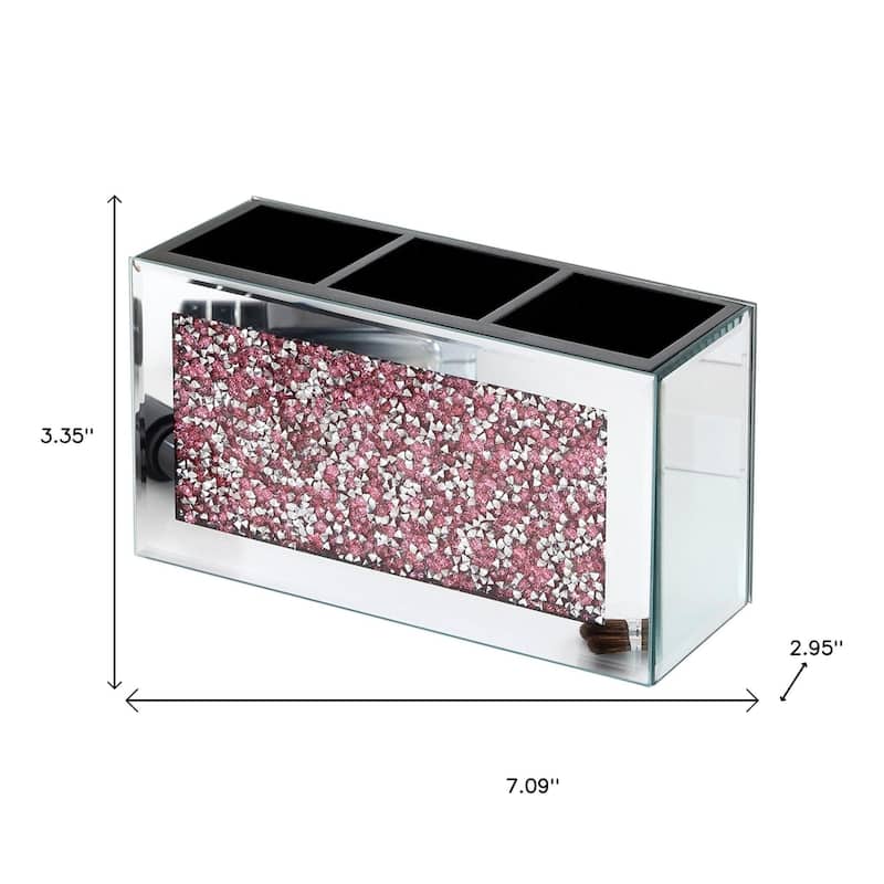 7" Pink And Silver Mirrored Glass Three Section Jewelry Organizer With Faux Crystals