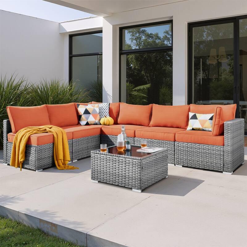 XIZZI 7-Piece Outdoor Patio Wicker Sectional Set with Coffee Table - Red/Orange