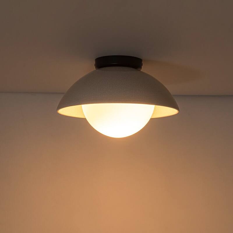Modern 1-Light Dome Ceramic Semi Flush Mount With Glass Shade - N/A