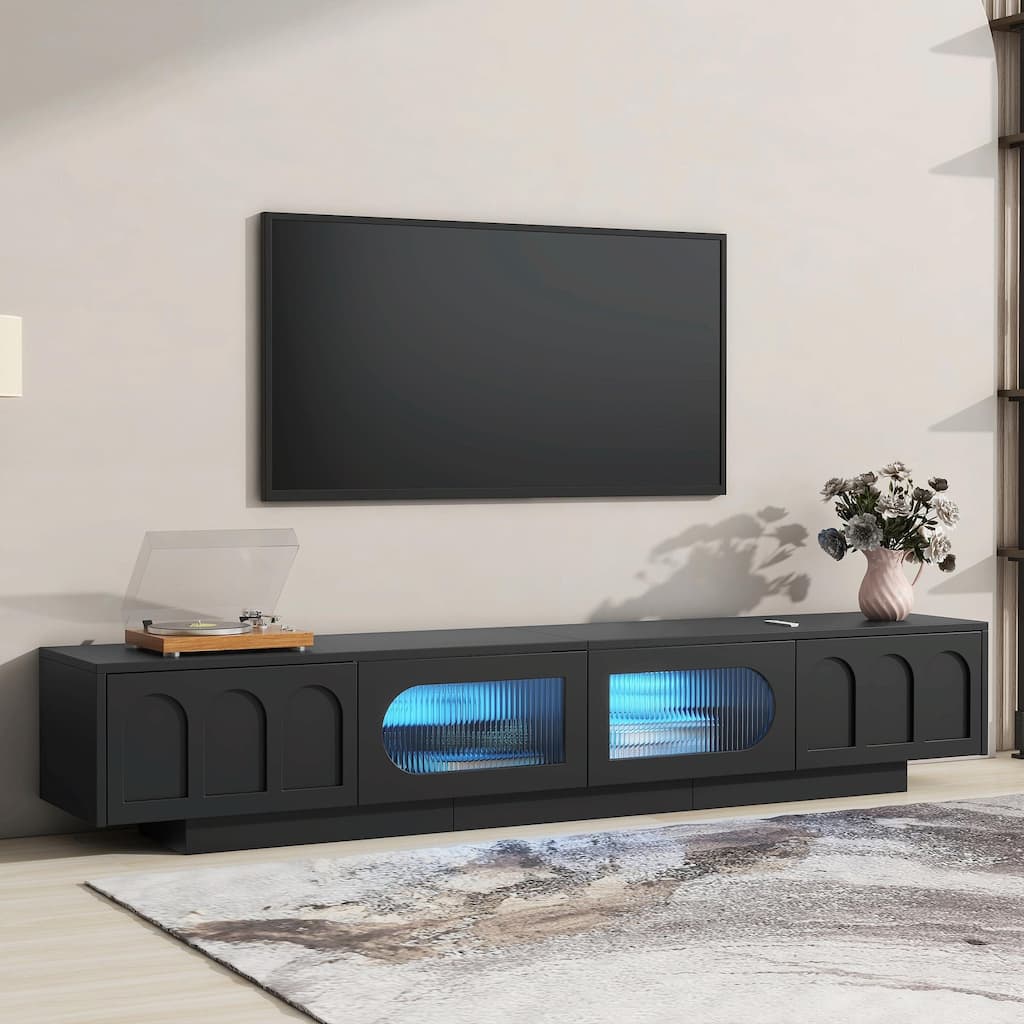 Functional TV Stand with Arched Cabinet Doors, Entertainment Center with APP-Controlled Smart LED Light