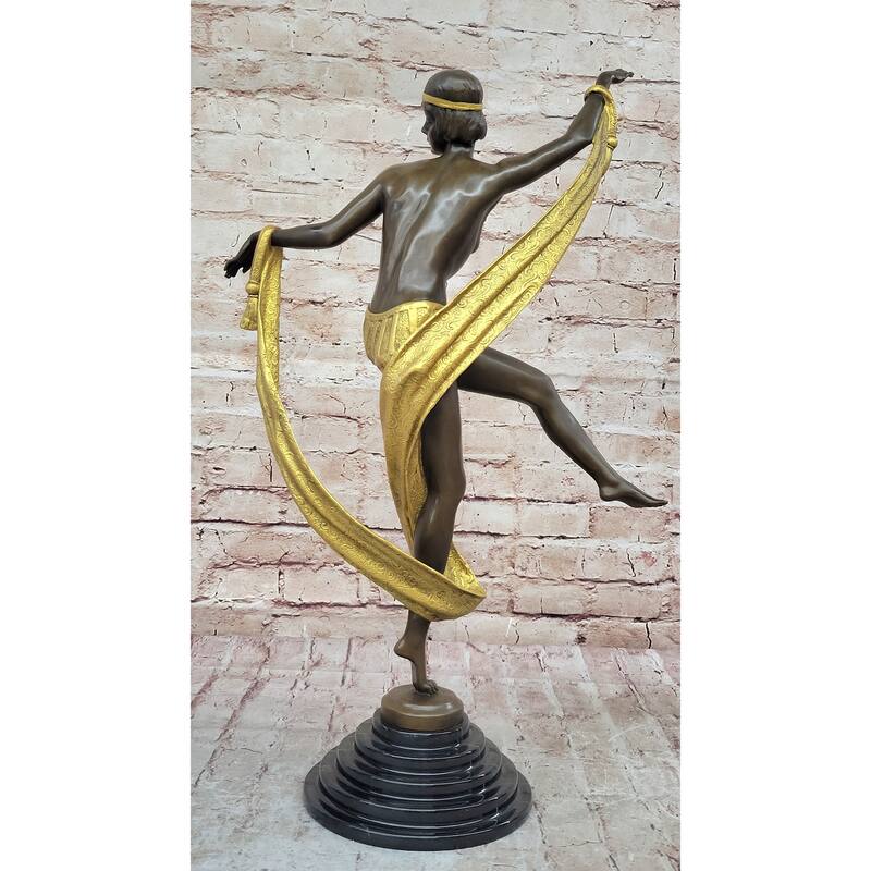 Hot Cast Bronze Art Deco Figural Sculpture Of Topless Ribbon Dancer By Rozet