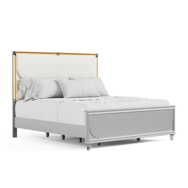Furniture of America Angrove Modern Silver Wood Panel Bed with LED on Padded Headboard