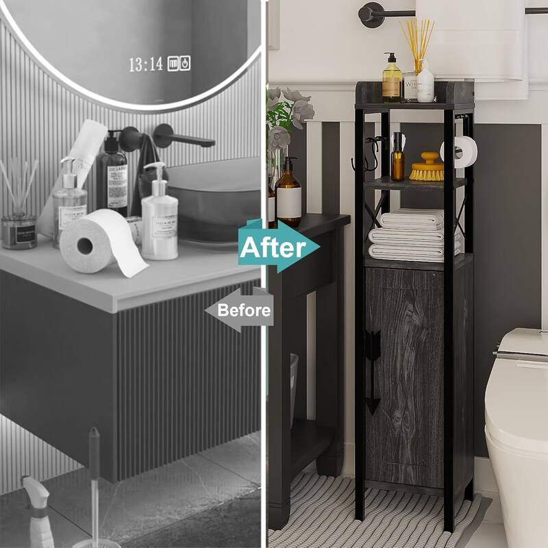 VECELO Slim Bathroom Floor Cabinet with Shutter Door 3-Tier Storage Shelf with Hooks Freestanding Cabinet for Bedroom, Entryway