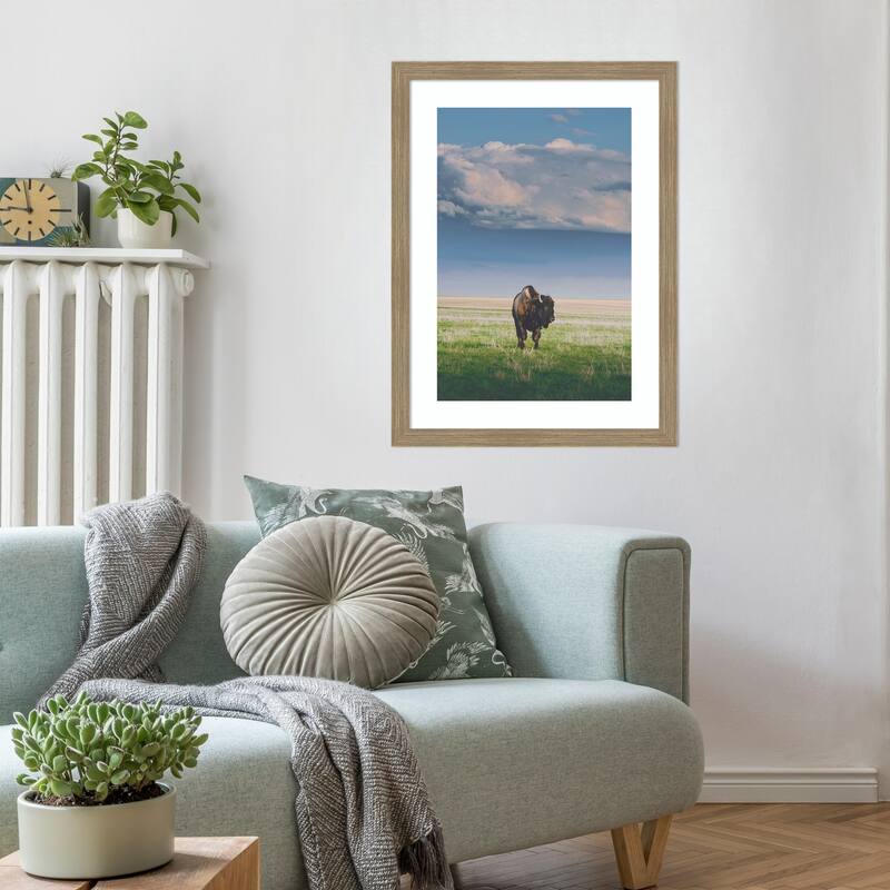 Sunlight Bison by Annie Bailey Art Wood Framed Wall Art Print - Woodgrain Stripe Mocha