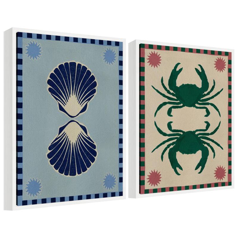 Kate and Laurel Sylvie Lush Duo Seashells and Crabs Framed Canvas Art Set by Shatha Al Dafai - 2 Piece Set 18x24