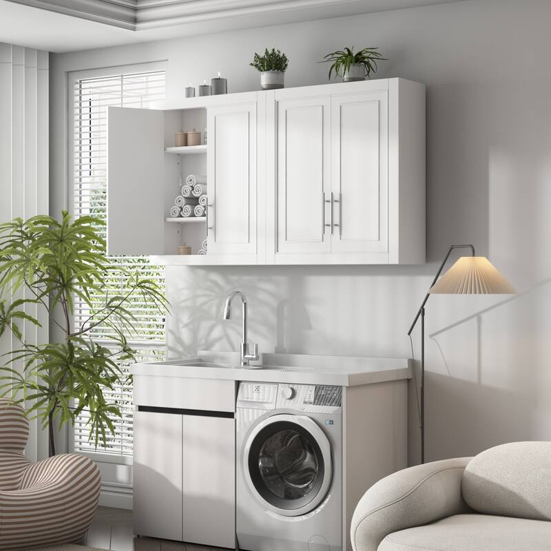 Solid wood Large Capacity Utility Bathroom Storage Cabinet with Adjustable Shelves