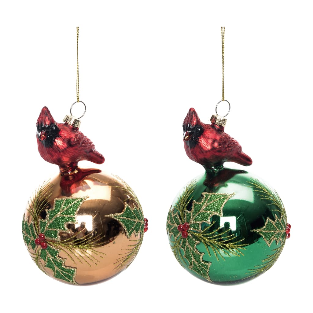 Transpac Glass Glitter Poinsettia Ornament w/Perched Set of 2 Christmas Home Decorations - Multicolor