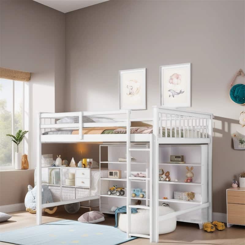 Full Size Wood Loft Bed w/ 8 Open Storage Shelves and Built-in Ladder