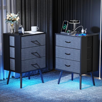 Modern 2-Piece Nightstand with LED Light and 3 Fabric Drawers