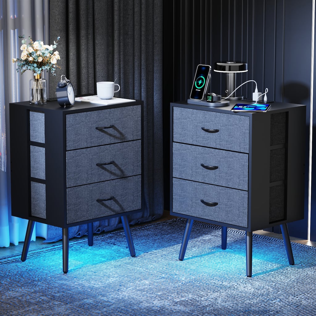 Modern 2-Piece Nightstand with LED Light and 3 Fabric Drawers