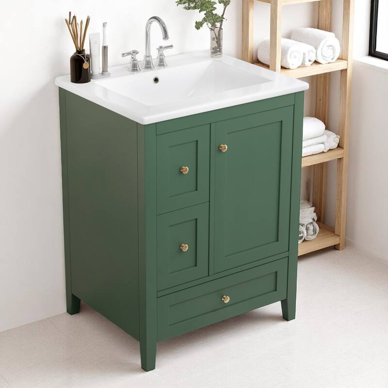 24" Bathroom Vanity with Sink, Adjustable Shelf, 3 Drawers, and Glossy White Finish - Freestanding MDF Cabinet,Storage Organizer