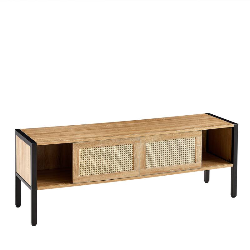 54.33" Rattan TV cabinet with variable color light strip, double sliding doors for storage, adjustable shelf, metal legs