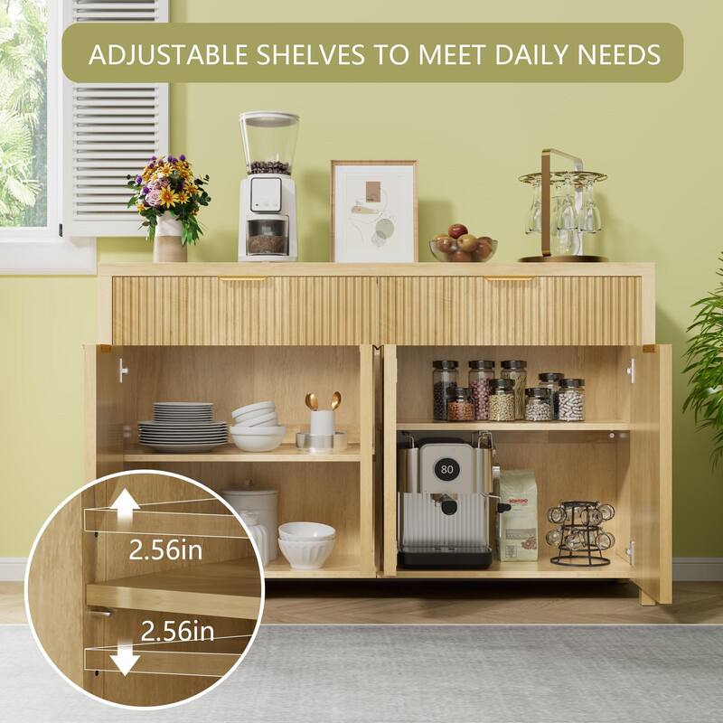 55"Fluted Sideboard Buffet Cabinet with Storage Drawers and Adjustable Shelves