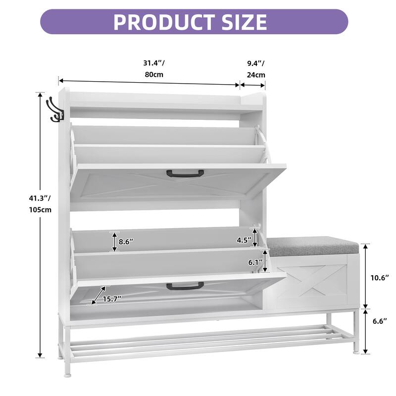 Moasis Farmhouse Shoe Storage Cabinet with 2 Flip Drawers for 16 Pairs Entryway Shoe Storage with Shoe Bench