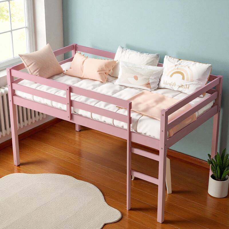 Solid Wood Twin Loft Bed with Ladder, Rubber Wood Frame Low Height Design with Guard Rails and Storage Space