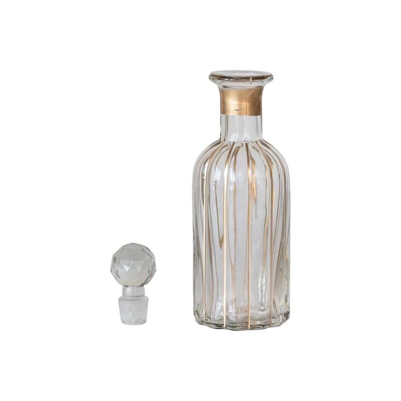 Blown Glass Fluted Decanter with Hand-Painted Finish Stripes and Stopper