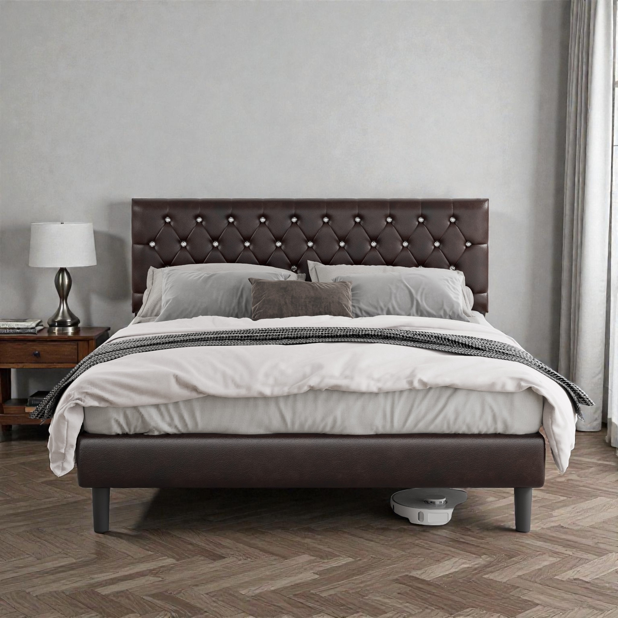 Brown Platform Bed Frame with Diamond Tufted Adjustable Headboard, No Noise, 800 lbs Capacity