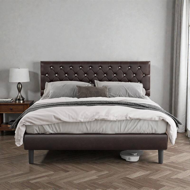Brown Platform Bed Frame with Diamond Tufted Adjustable Headboard, No Noise, 800 lbs Capacity - Brown - Queen