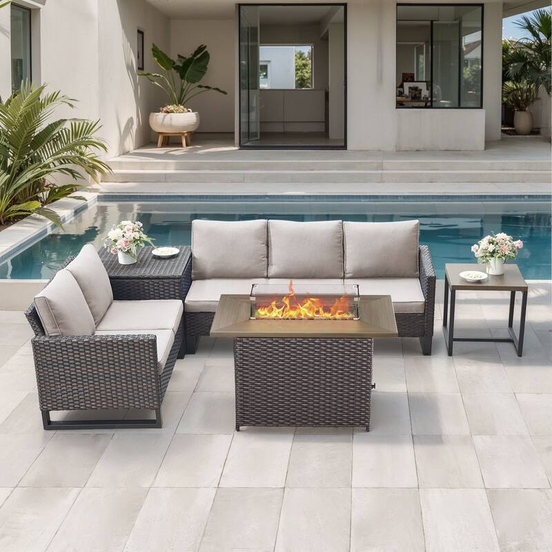 Gymojoy 5 Piece Wicker Outdoor Patio U-shaped feet Conversation Set Group , Include Fire Pit Table - Brown Wicker / Beige Cusion - 5-Piece