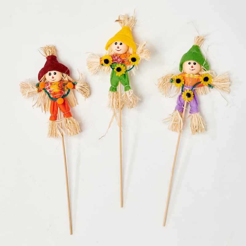 4.5" Scarecrow on 11" Stick, 3 Assorted, Set of 12