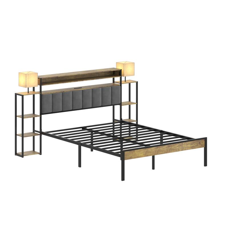 Queen King Size Platform Bed Frame with Storage, LED Lights, and Charging Station, Velvet Upholstered Headboard for Bedroom