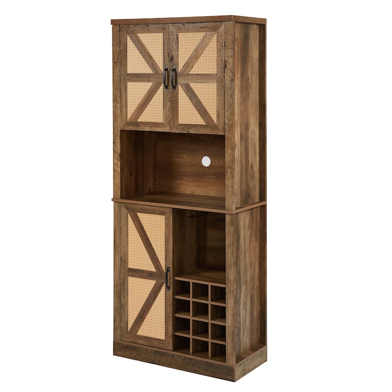 Kitchen Faux Rattan Wine Cabinet, Oak Bar Cabinet with Square Compartments and Shelves, Wooden Storage Cabinet with Barn Doors