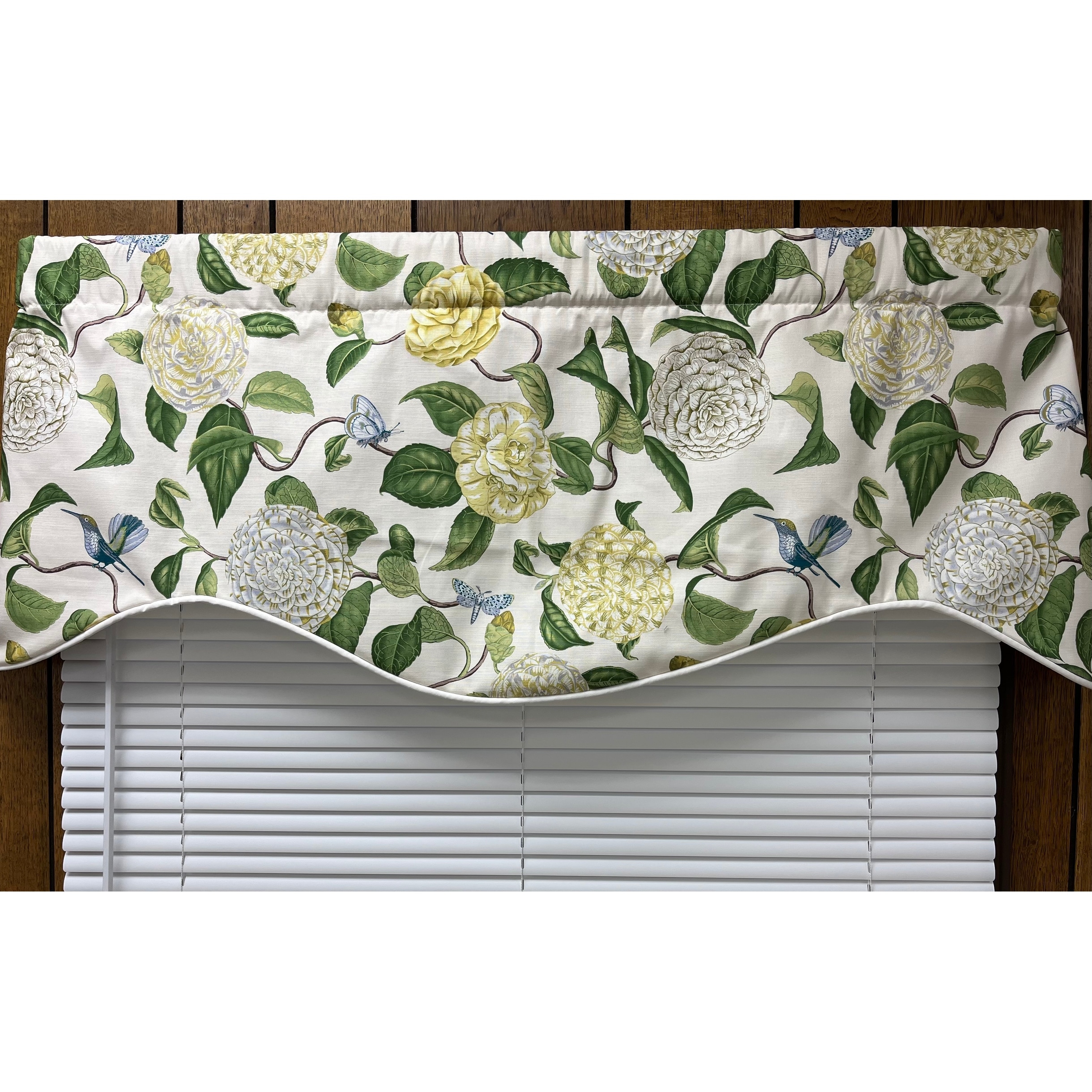 Camelia botanical shaped valance with cord