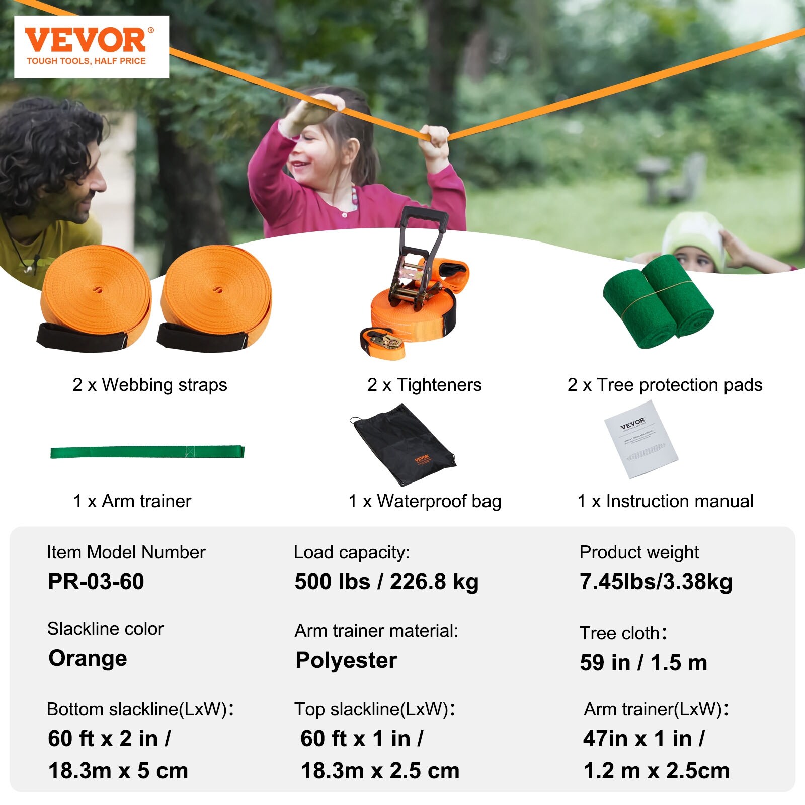 VEVOR Slackline Kit with Training Line,60 ft Backyard Slack