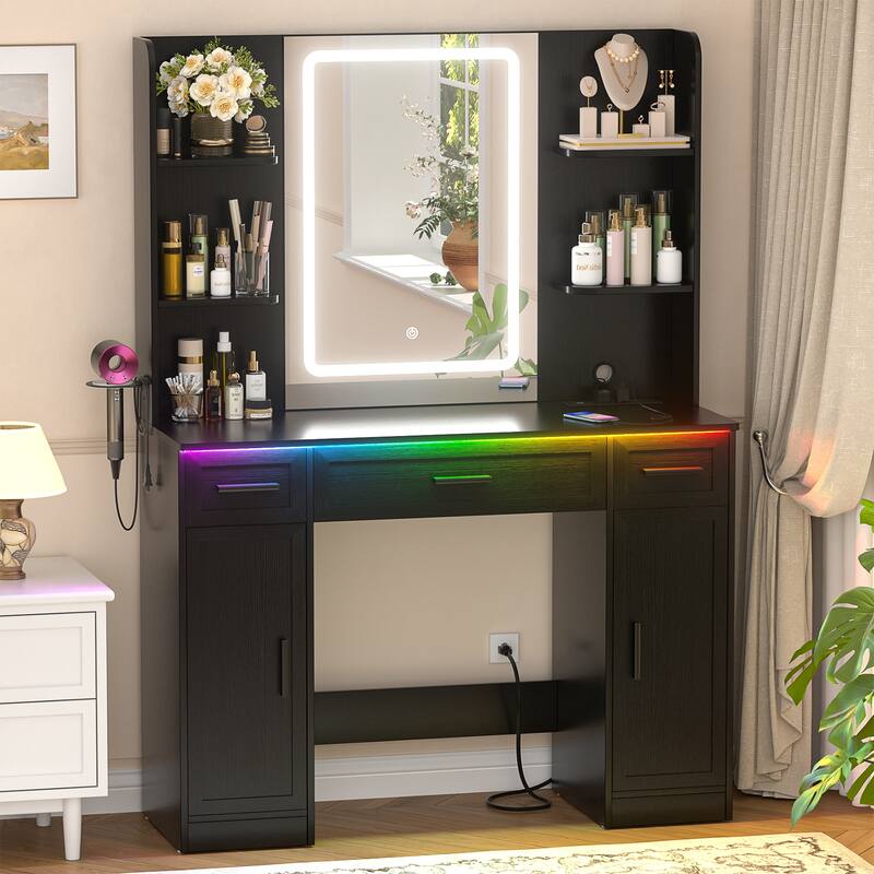 Modern Farmhouse Vanity Table with LED Mirror, Makeup Vanity Desk with Drawer, Cabinet, and Shelves