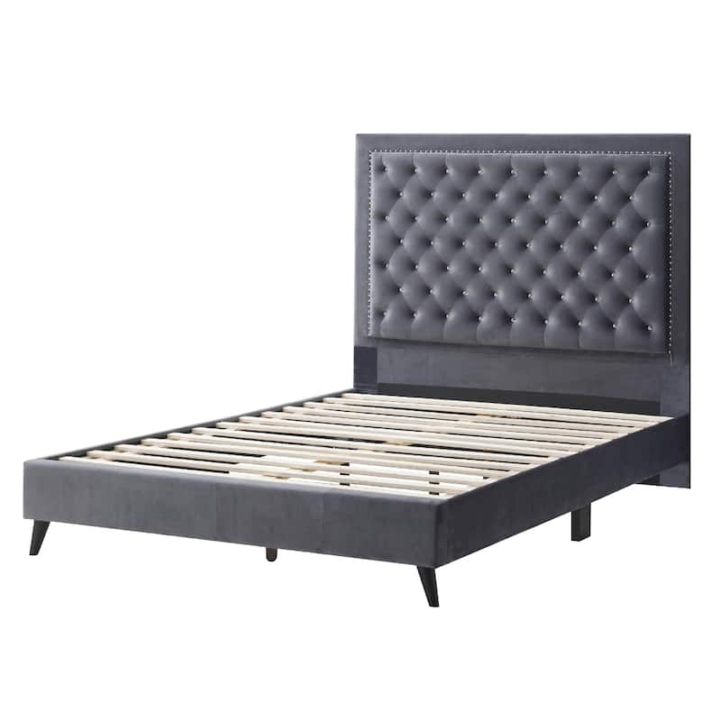 Upholstered Tufted Velvet Queen Panel Bed - 87" - Gray