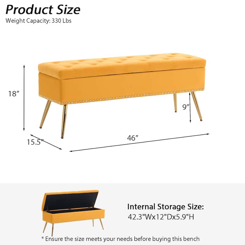 Velvet Storage Ottoman Bench with gold legs and Nailhead Trim for Bedroom/End of Bed/Entryway/Window
