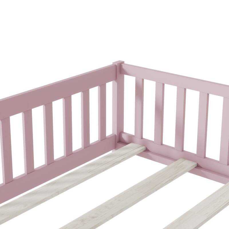 Pink Rubber Wood Full Size Floor Bed with Safety Fence and Door for Kids